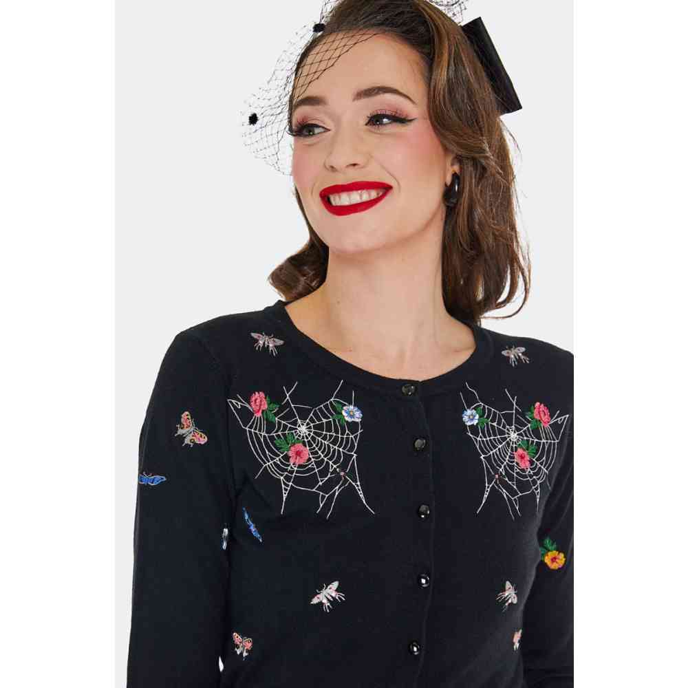 Voodoo Vixen - Floral Moth Embroidered Cardigan - Zwart